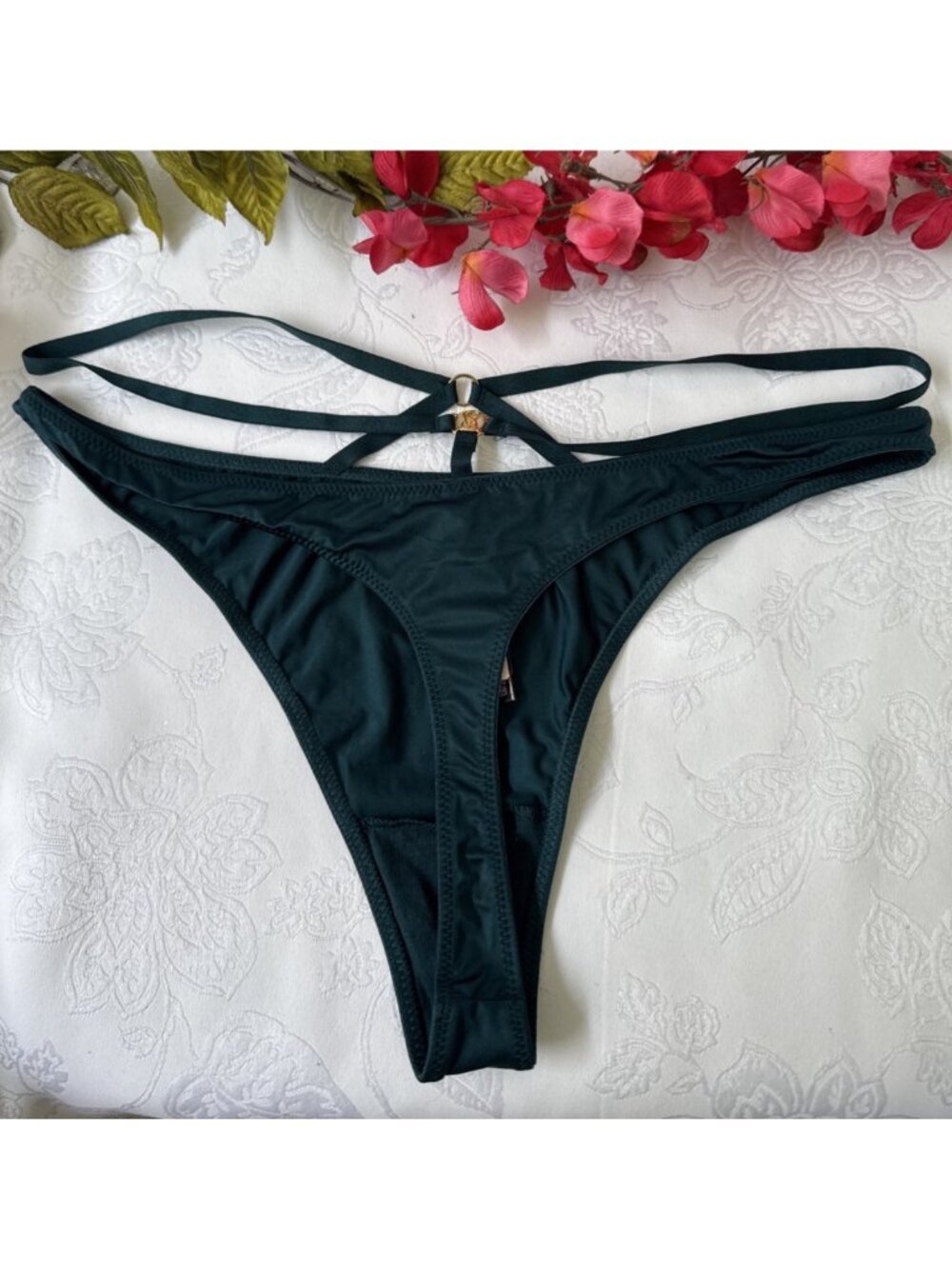 VICTORIA'S SECRET L GREEN GOLD CHARM VERY SEXY STRAPPY SILKY STRING PANTIES NWT - Picture 4 of 8